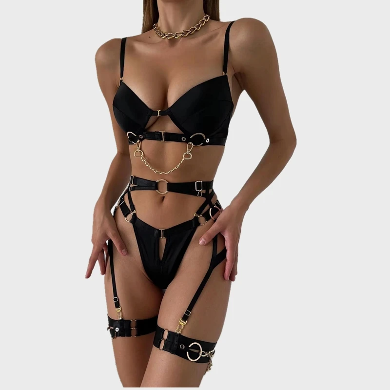 

Krasapt Gothic Harness 4-Pieces Sexy Lingerie Set With Metal Chains Padded Bra And Thongs Cut Out With Leg Ring Women Sets