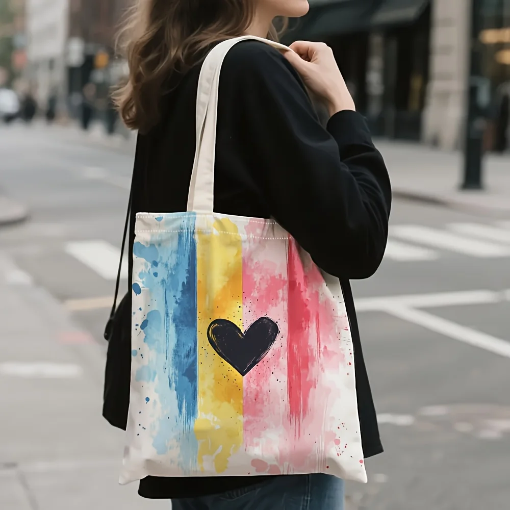 Watercolor Colorful Heart Canvas Tote Bag Abstract Brush Stroke Print Large Capacity Shoulder Bag Casual Daily Shopping Handbag