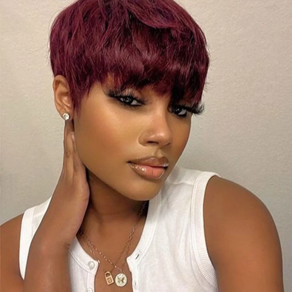 شعر الإنسان عابث قطع قصيرة مستقيمة 99J بورجوندي باروكة من شعر طبيعي آلة كاملة صنع شعر مستعار شعر طبيعي مفرود الباروكات #4