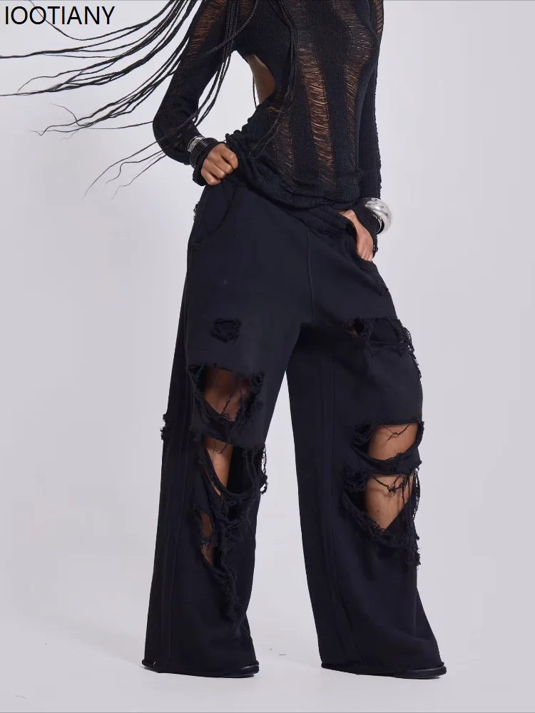 Black Women's Wide Leg Pants Retro Hip Hop Solid Color Sweatpants Ripped Loose Monster Jogger Pants Streetwear Casual