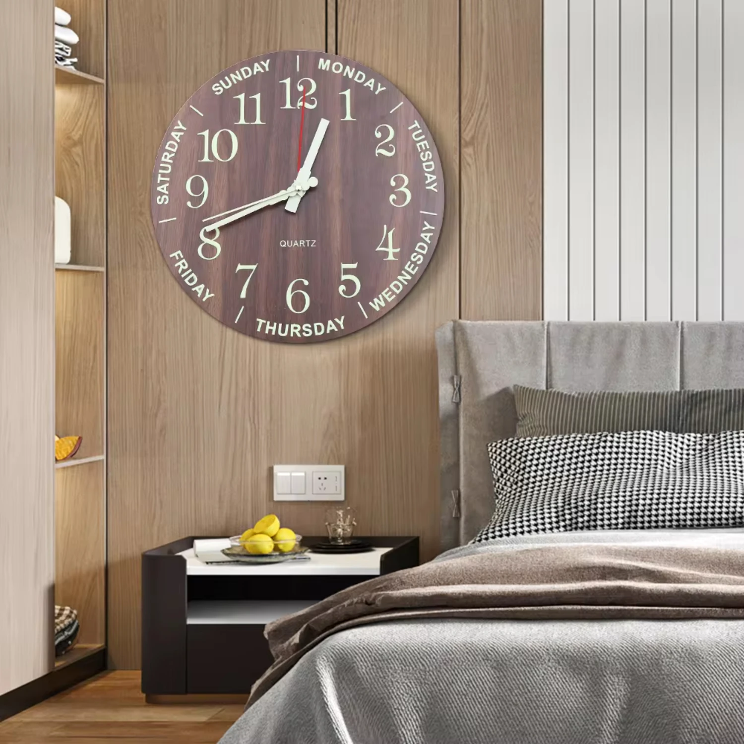 30cm Luminous Wooden Round Silent Non-Ticking Quartz Wall Clocks Large Numbers and Hands Easy to Read Both Day and Night