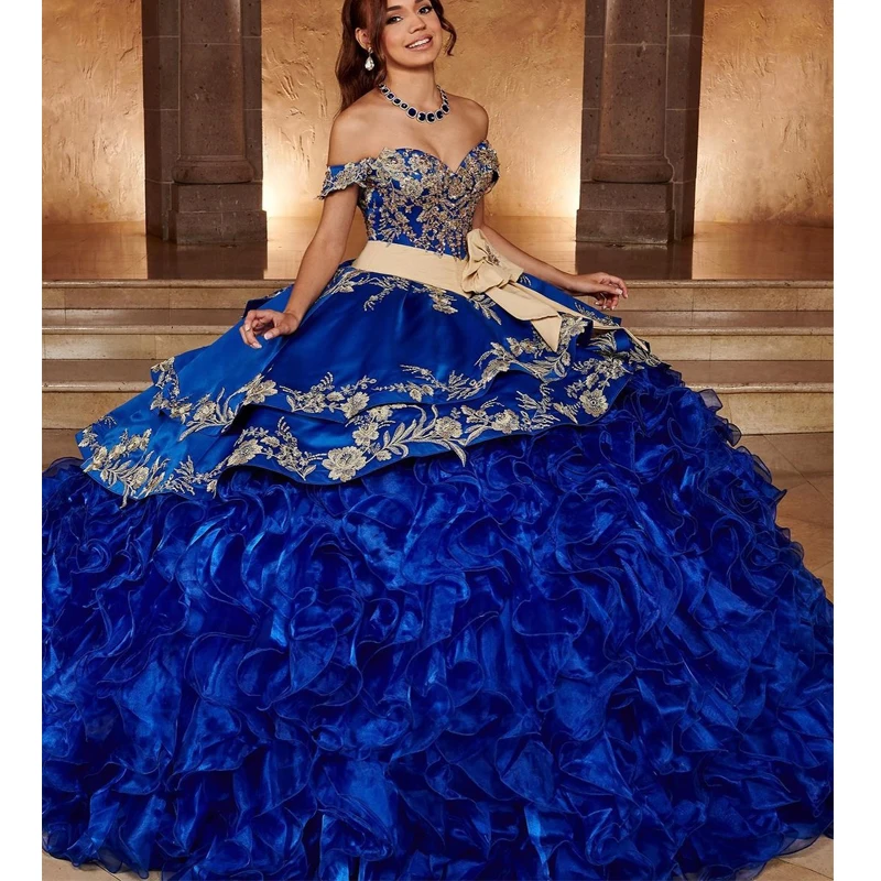 Angels bridep Marineblau Chic Quince anera Kleider Ballkleid von der Schulter Organza Applikationen mexikanische süße 16 Kleider 15 Anos