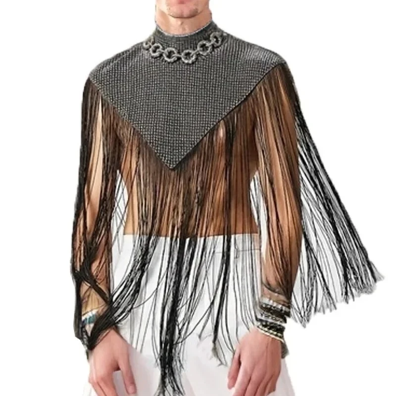 New Men's Tops Trendy Fashion Splicing Irregular Sleeveless Cape Sexy Streetwear High Neck Tassel Vest new in tops & tees