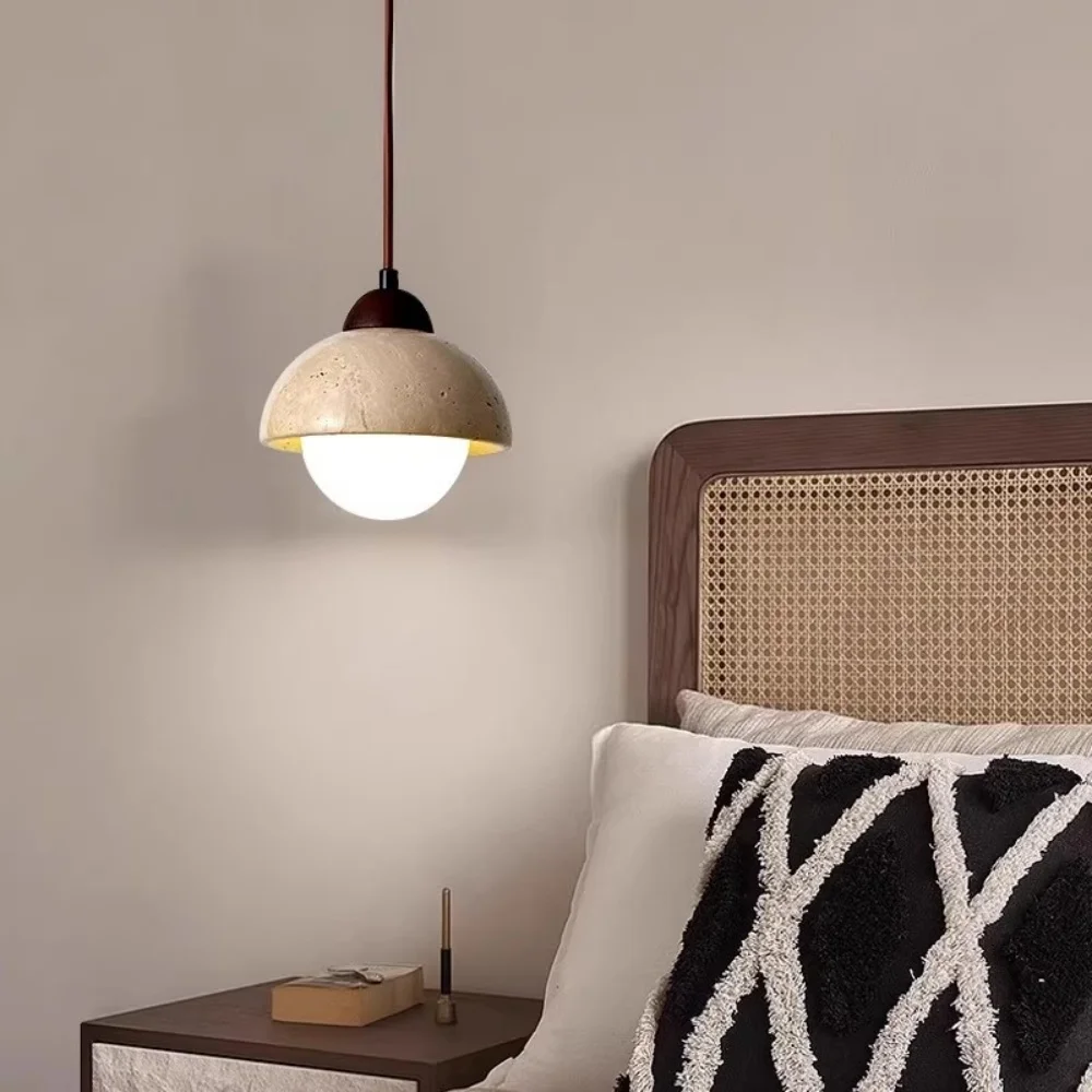 Wabi Sabi Pendant Light with Natural Stone Wood Jepanese Mini Hanging Light Fixture for Bedside Reading Kitchen Island Hallway