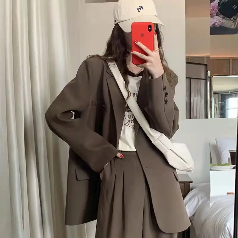 Blazers Women Retro British Style Solid Brown Single Breasted Loose Suit Blazer Elegant High Street Notched Outwear Office Lady