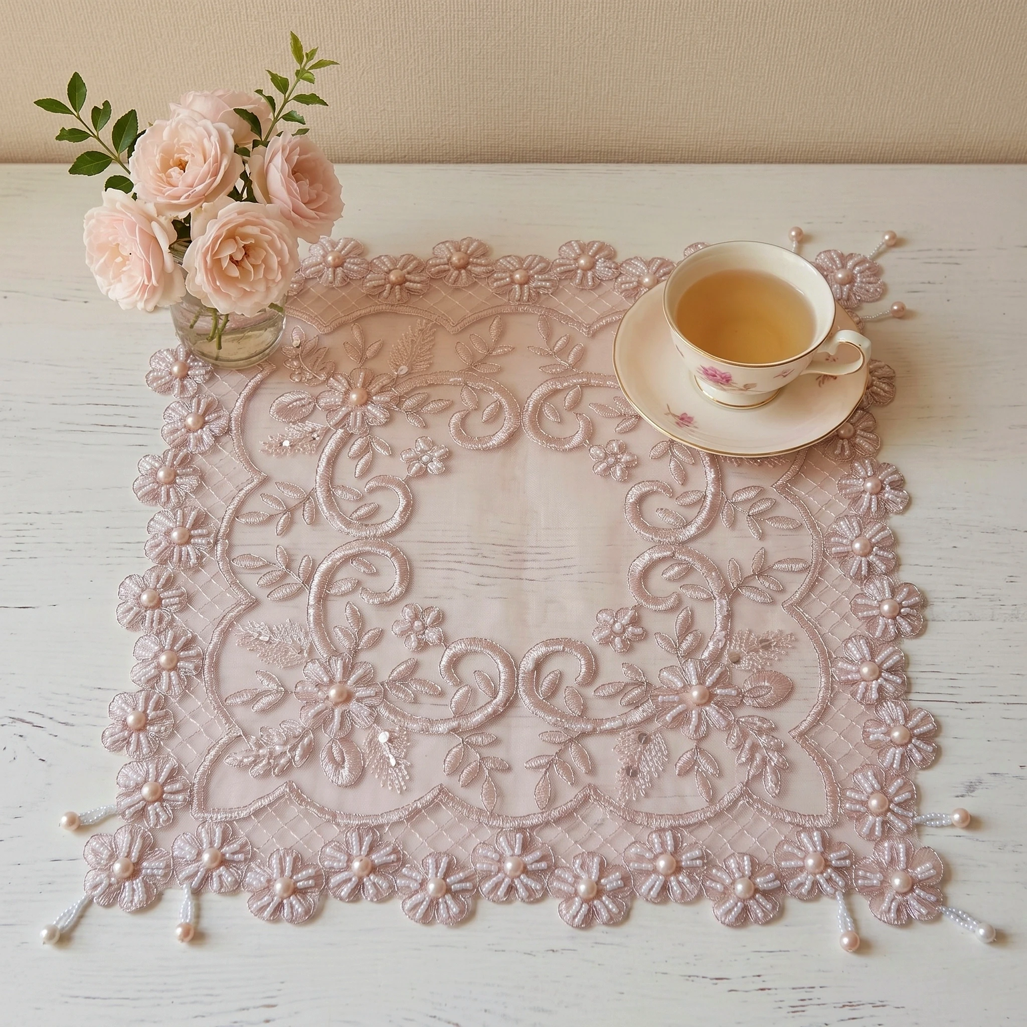 Placemat Set 4pcs Pink Embroidered Placemats Lace Napkins Luxury Handmade Beaded Coasters Furniture Decor Small Covers