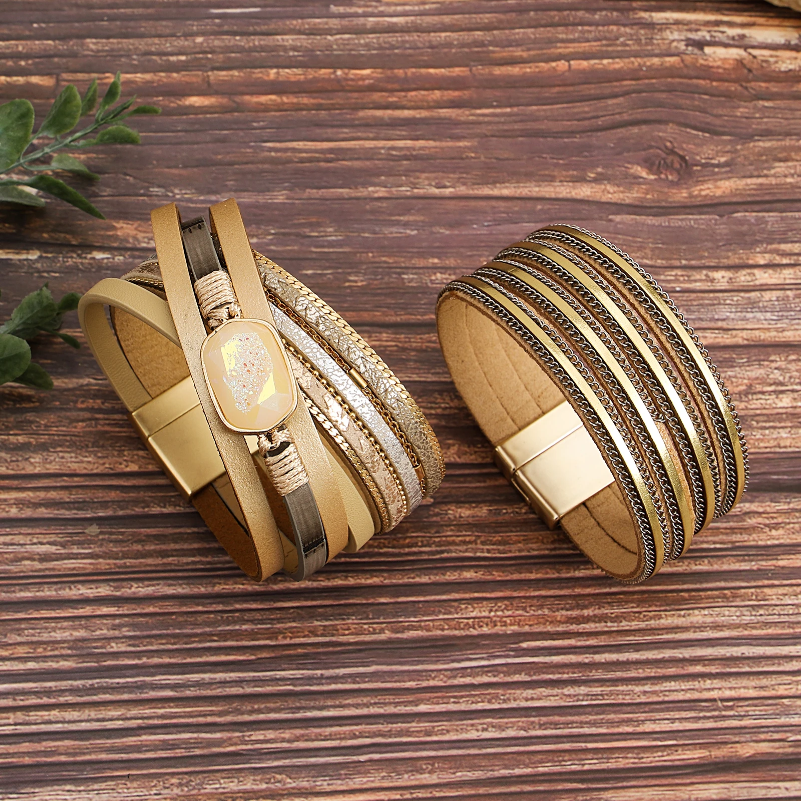 

Amorcome Bohemian Multi-Layer Leather Bracelet Women Retro Hand-woven Wrap Wide Bracelet Leather Bangle Wholesale Jewelry Gifts