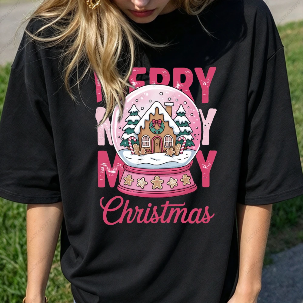 Pink Snow Globe Christmas Graphic T-Shirt Women Cotton Christmas House Print Tee Short Sleeve Sweet Aesthetic Vibe Top Tee