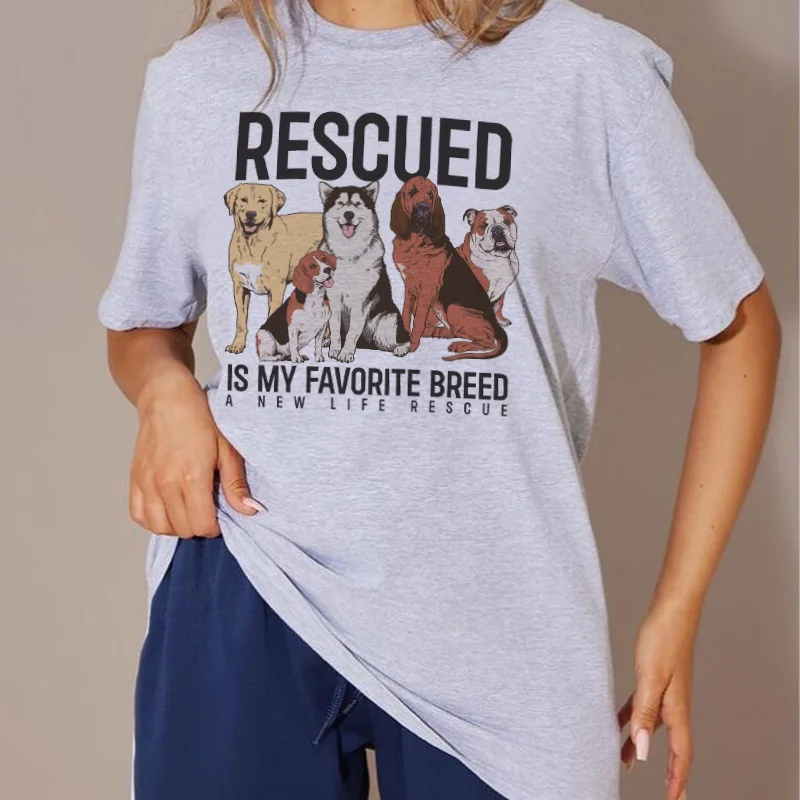 Rescued Is My Favorite Breed T-Shirt Women Cute Funny Animal Dog Lover T Shirt Summer Casual Short Sleeve Graphic Tees