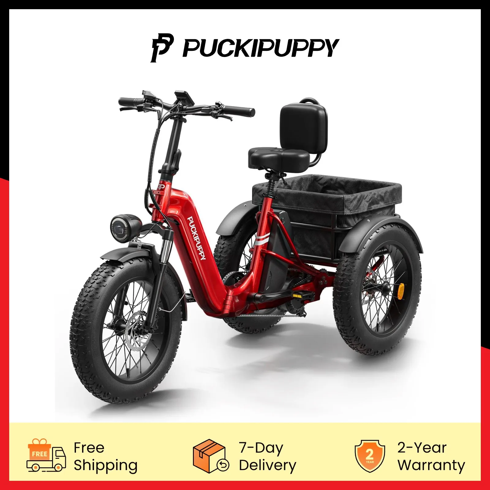 

Электрический трайк PUCKIPUPPY для взрослых с пиковым двигателем мощностью 960 Вт, дальность действия 60 миль, трехколесный велосипед с нагрузкой 500 фунтов, электрический трайк