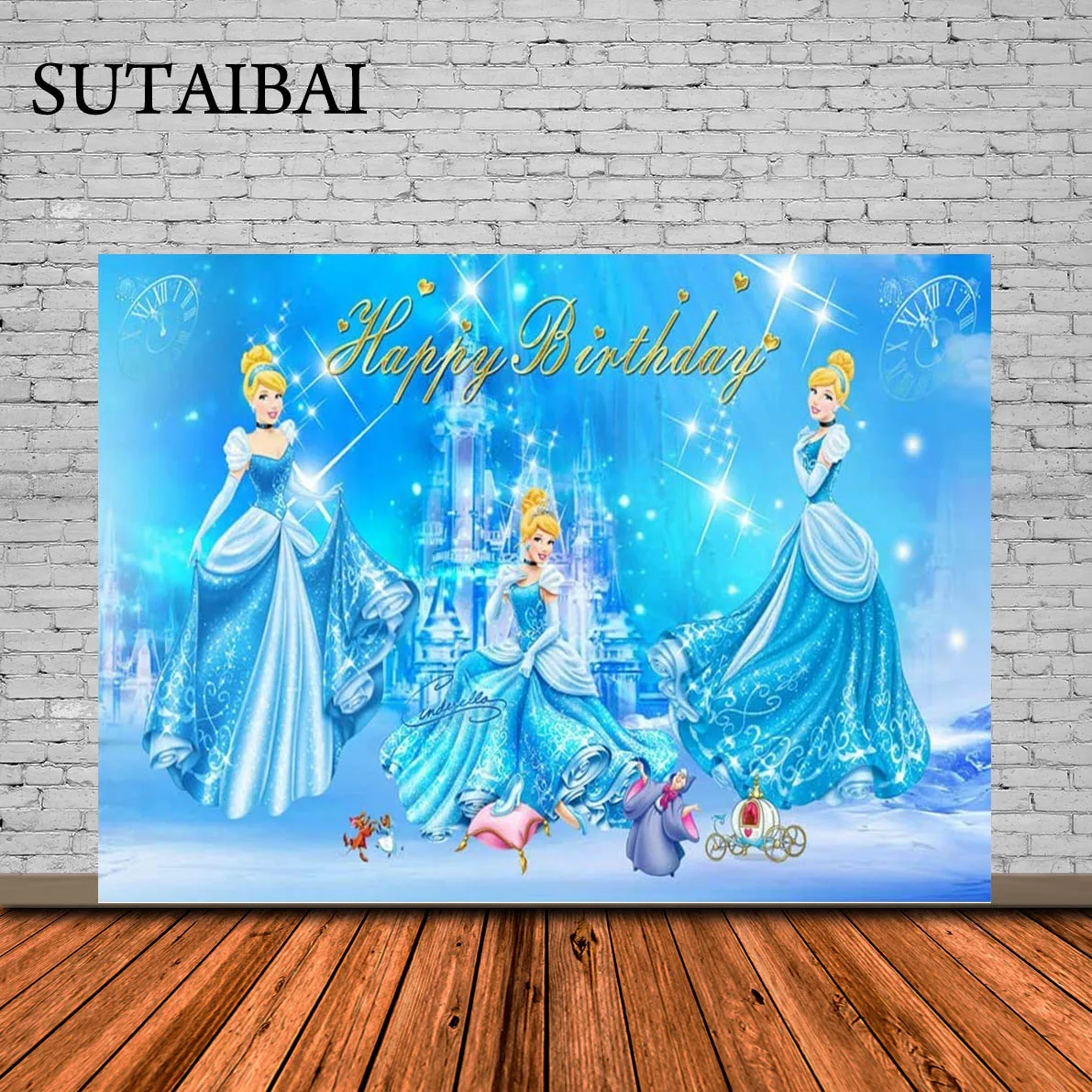 

Princess Cinderella Backdrop for Birthday Party Girls Castle Party Decoration Banner for Cake Table 5x3ft Photography Background