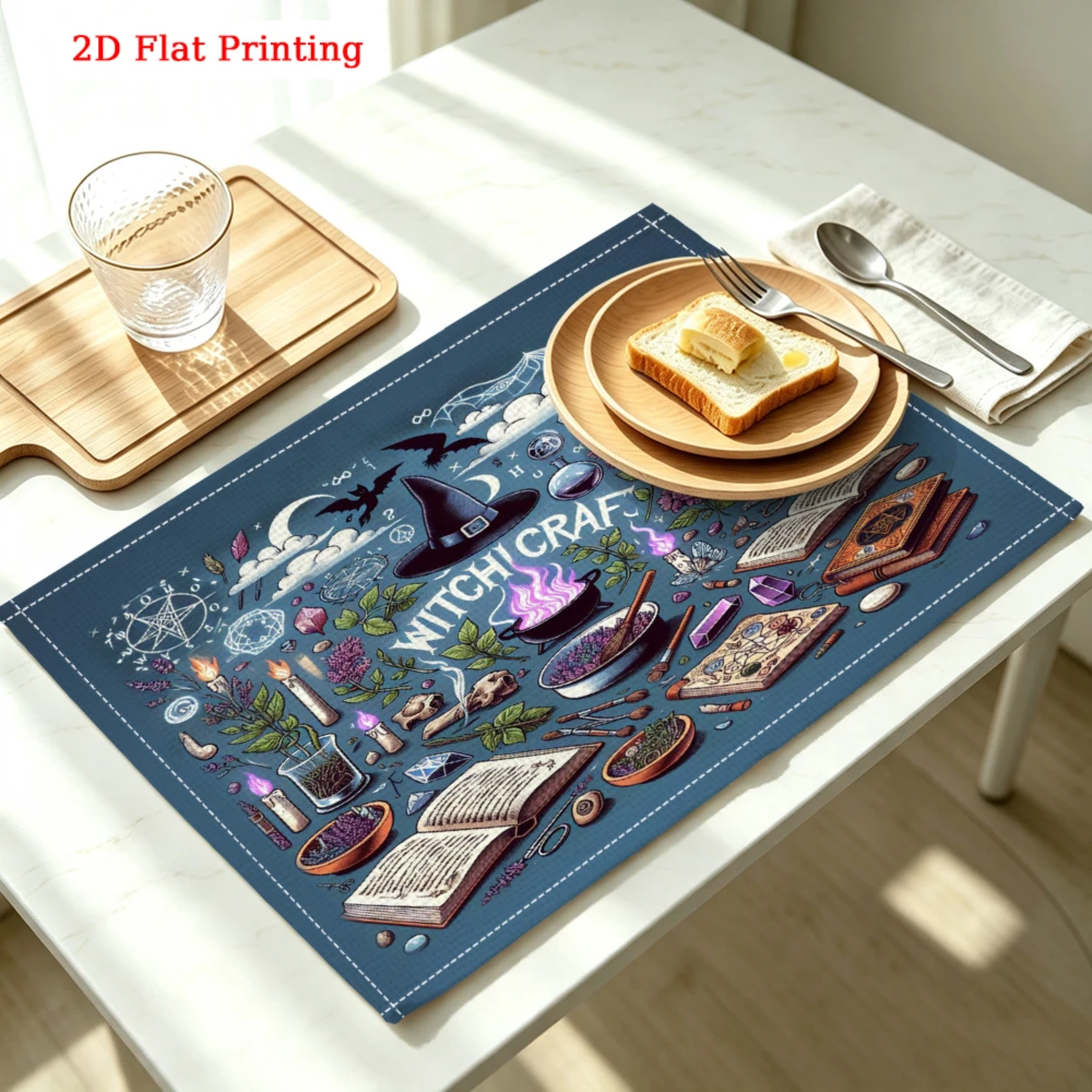 2Pcs Witchcraft Placemat Blue Magic Book Candle Potion Table Mat Kitchen Dining Decor Protection 30X40Cm