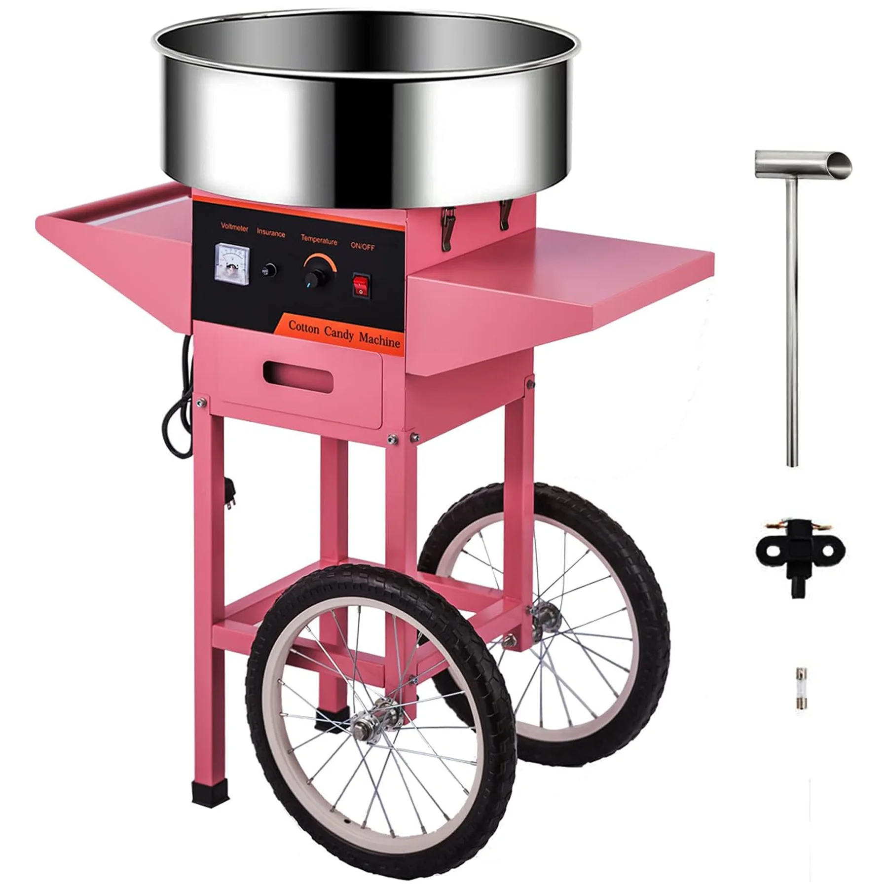 Commercial Pink Cotton Candy Machine with Wheeled Cart, Electric Candy Floss Maker with Storage Drawer for Outdoor Party