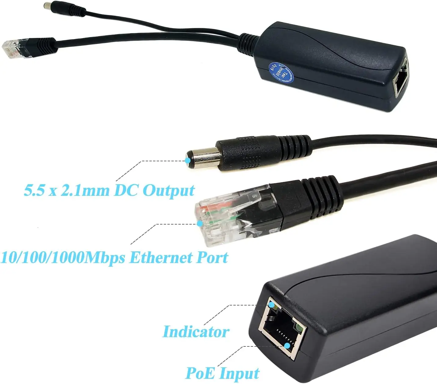 Gigabit Type C PoE Splitter 5V 3A, IEEE 802.3af Standard, 10/100/1000Mbps Type C Power Over Ethernet Splitter for 5v Devices DC