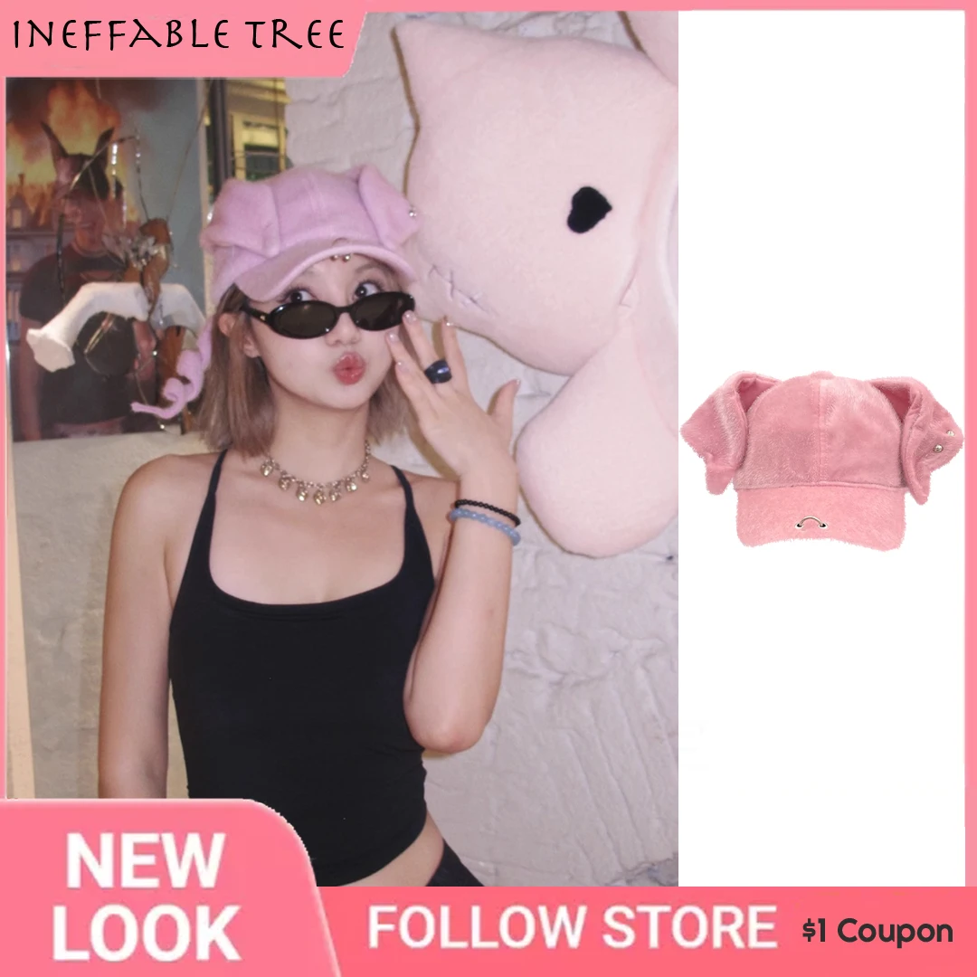 

Y2K Cute Rabbit Cat Pig Ear Flurry Baseball Hats for Women Cartoon Autumn Winter Peaked Thickened Streetwear Rivet Cap Gorras