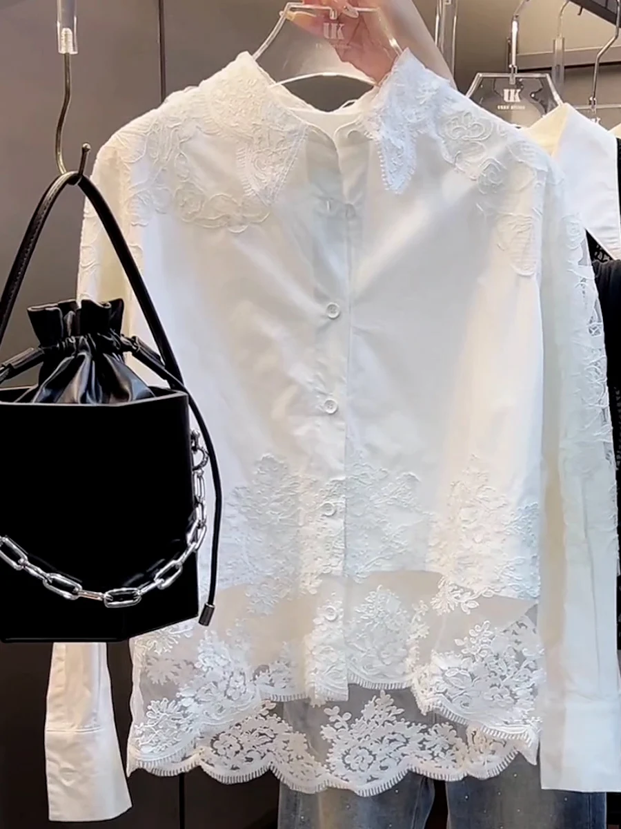 Heavy Embroidery Lace Loose Long Sleeve Shirt Women's Fashion Korean Style Collar Summer New Arrival Casual Comfortable Top