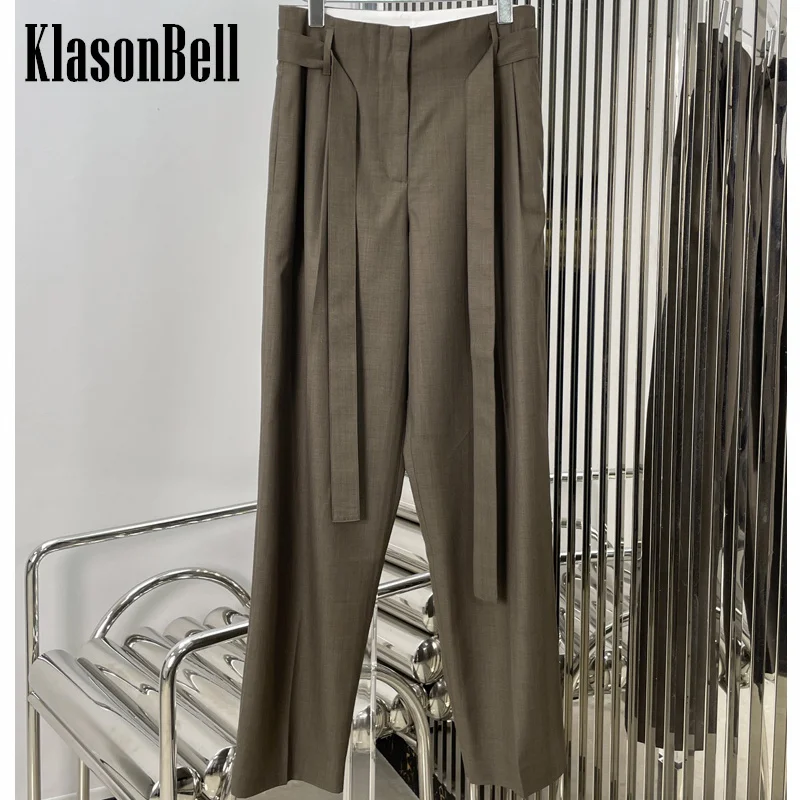 

10.12 KlasonBell Women's Simple Temperament Worsted Wool With Sashes Pants Pleated Loose All-matches Troustres