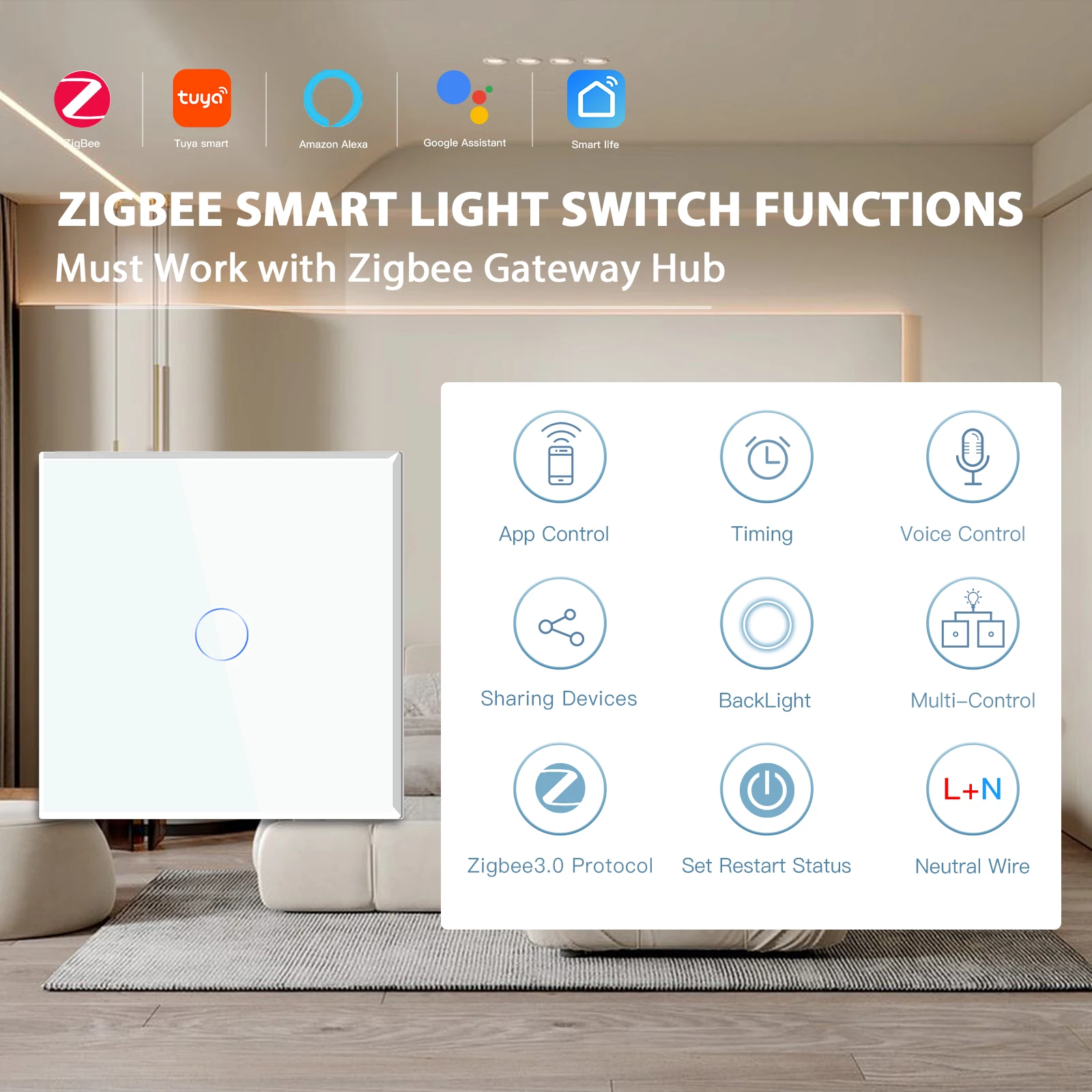 BSEED Zigbee 1/2/3Gang Touch Smart Switches Tuya Smart Life App Control Plus Type-c  USB Power Sockets EU Standard Glass Panel