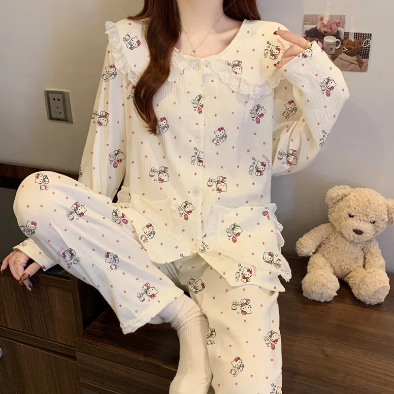 

Sanrio Hello Kitty Doll Collar Pajamas Kawaii Cartoon Young Girl Winter Long Sleeves Long Pants Cloud Cotton Homewear Set New