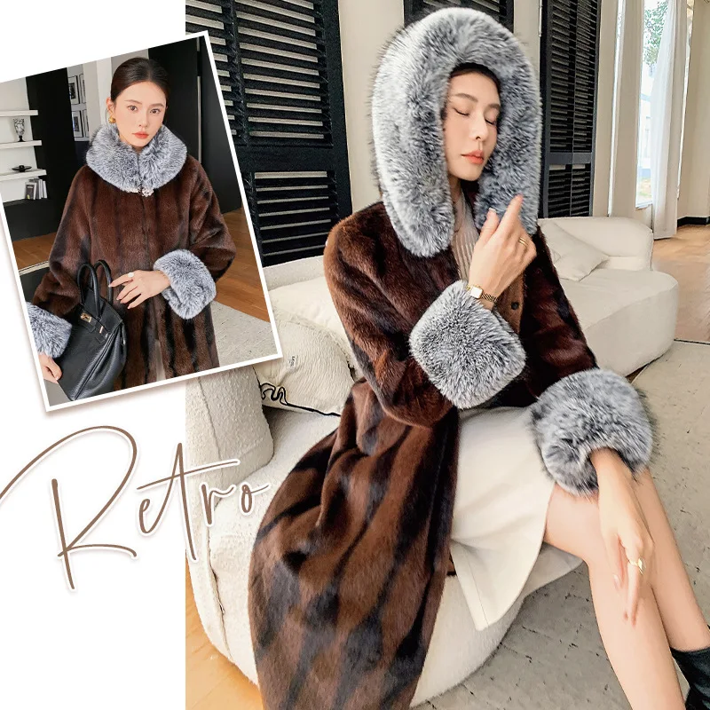 2025 Cross Mink Fur Coat Extended Autumn and Winter Thick Women's Mink Fur Fox Fur Collar Hooded Knee High New Jacket