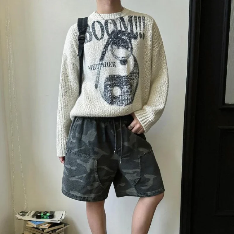 

European and American high street Harajuku retro trendy cool letter Tai Chi printed sweater pullover loose top