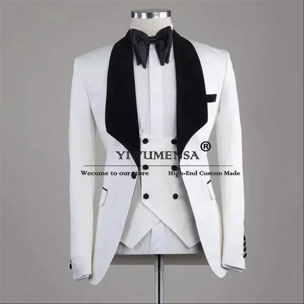 Classic Suits Men Skinny Black Velvet Shawl Lapel Blazer Vest Pants Groom Wedding Tuxedos Business Office Jacket Customized 2025