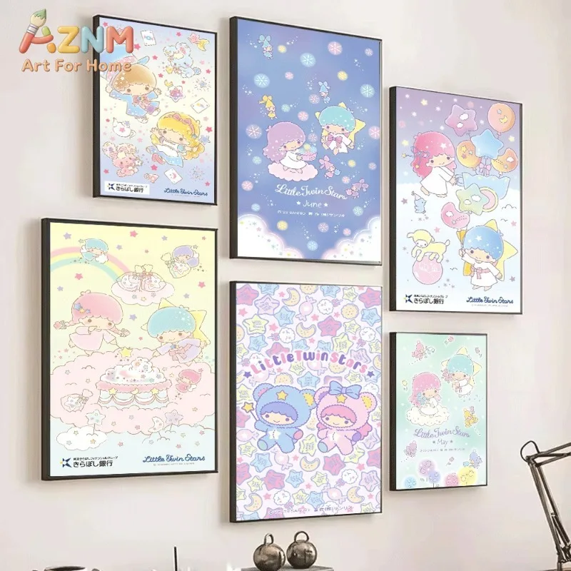 Little Twin Stars Canvas Wall Art Sanrio Kawaii Cartoon Poster Unframed Canvas Painting For Girls Bedroom Cute Wall Decor Kids