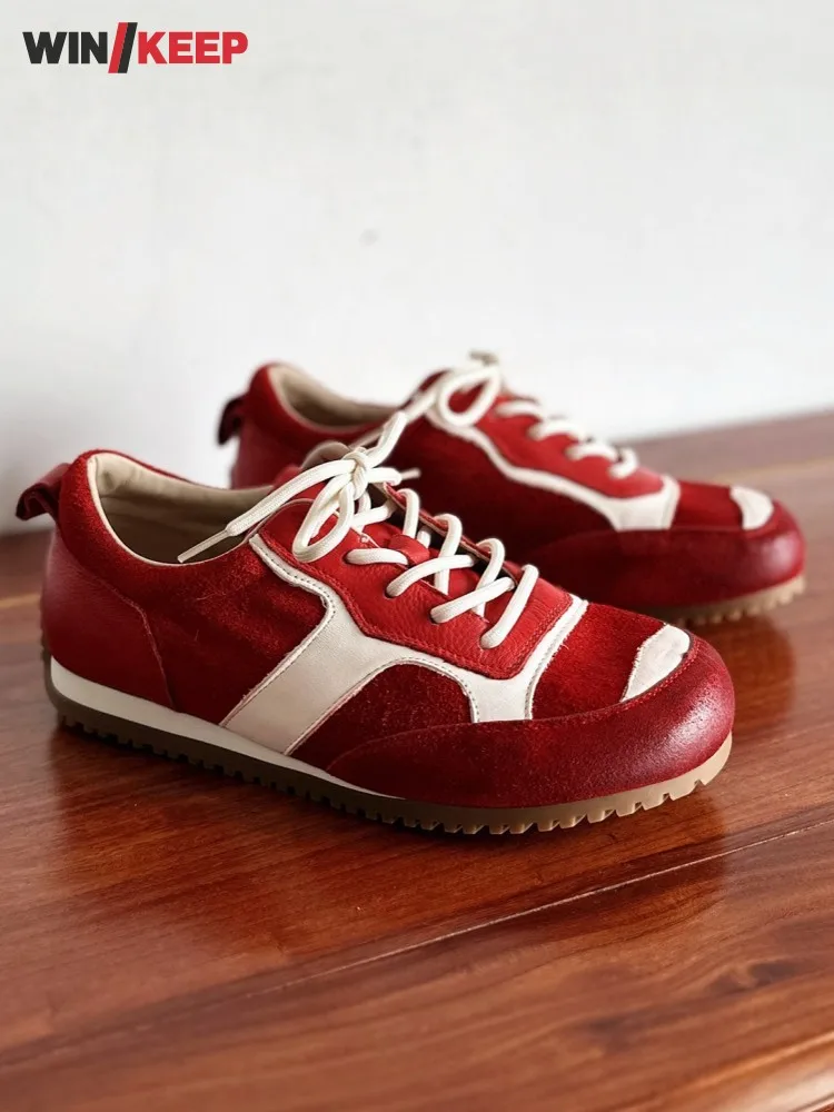 Vintage Women Running Sports Trainers Lace Up Mixed Colors Genuine Leather Platform Skateboard Shoes Lady Comfortable Sneakers