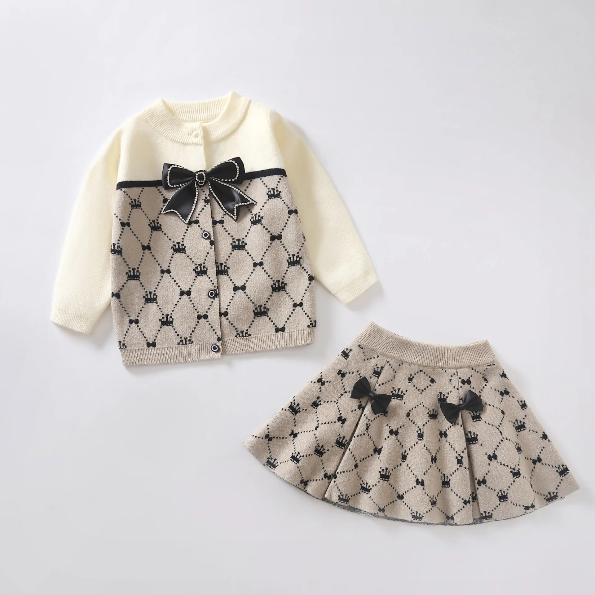 Girl Suits Matching Clothes Set Argyle Knit Cardigan Sweater & Pleated Skirt Bow Preppy Outfit Fall Winter Kids School Clothes