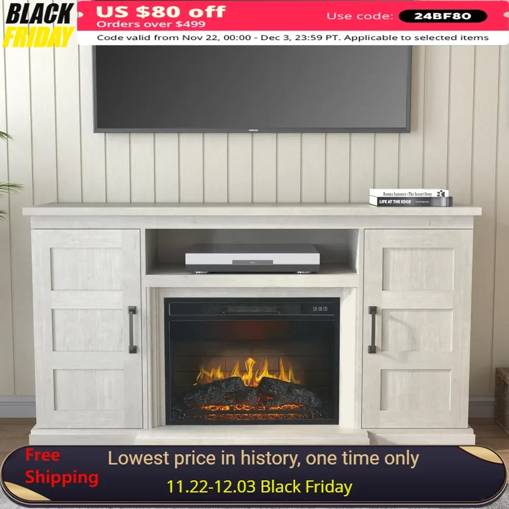 

59"TV Stand，Media Entertainment Center Console Table，for TVs Up To 65", with Barn Door、Storage Cabinets, 3D Electric Fireplace