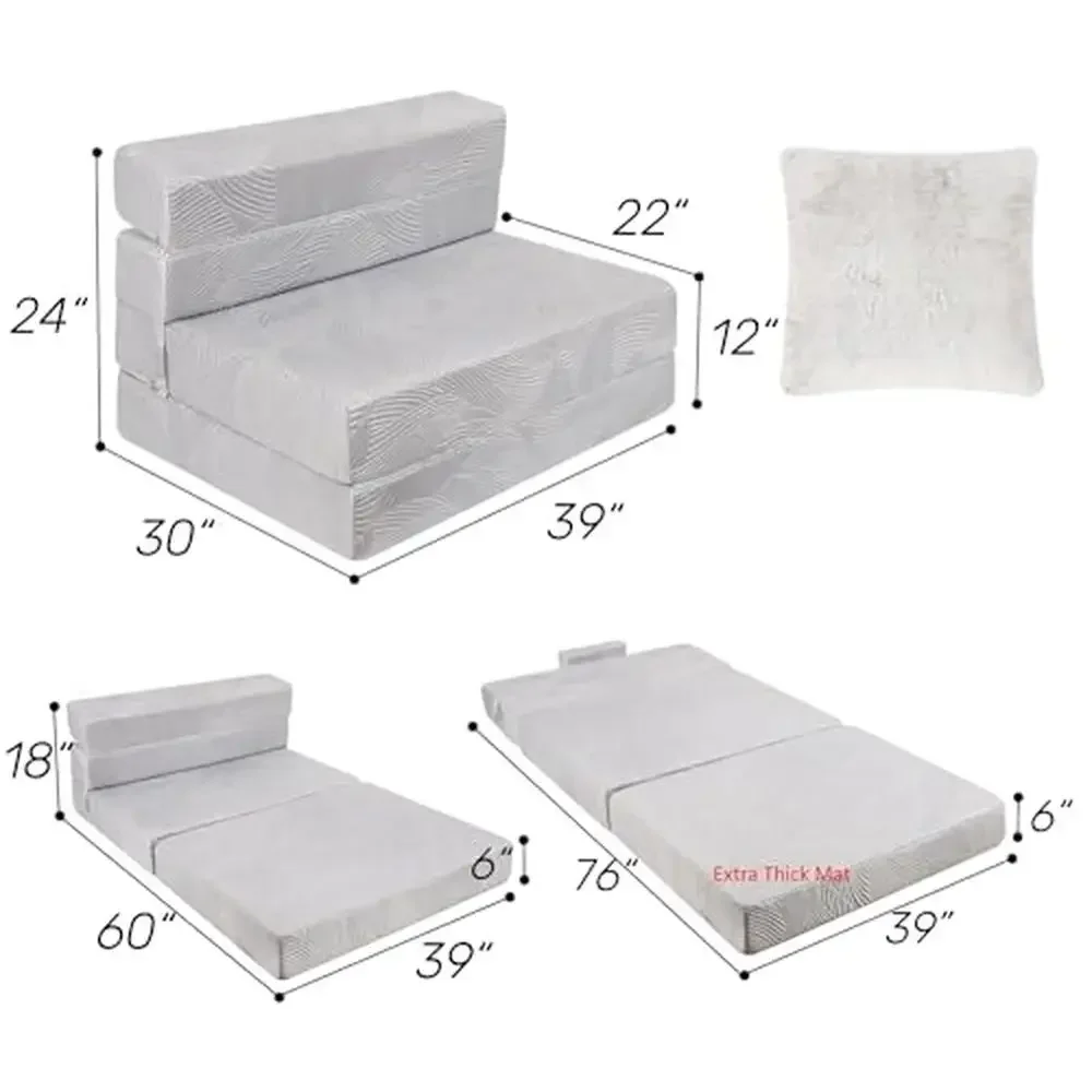 Colchón de piso triple portátil, sofá cama de espuma viscoelástica de alta densidad, cama para invitados, doble, gris