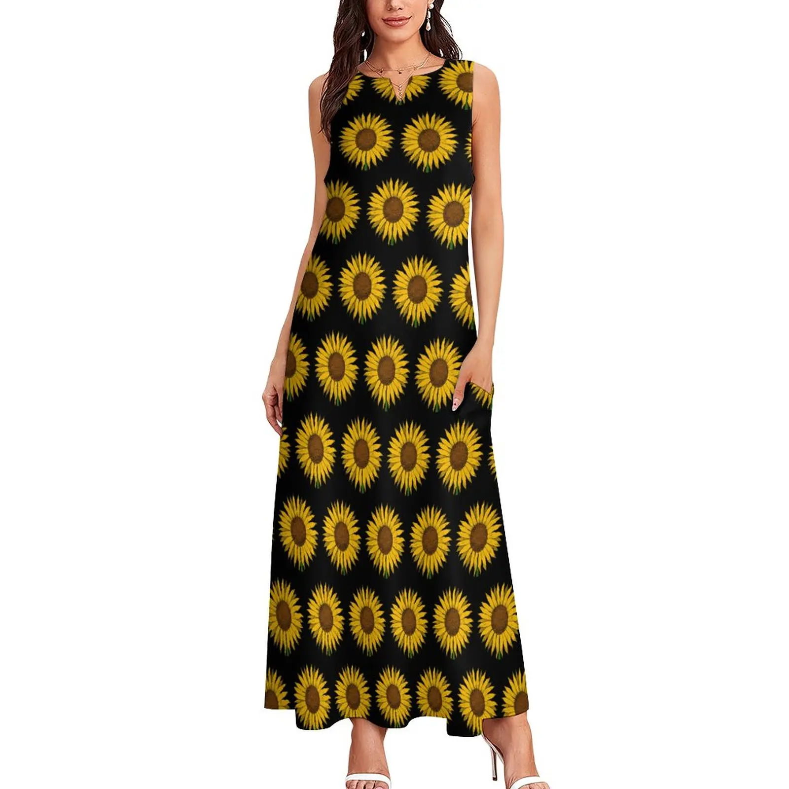 Vestido flor amarelo girassol impressão bonito maxi vestido coreano moda casual vestidos longos verão sem mangas roupas tamanho grande 4xl