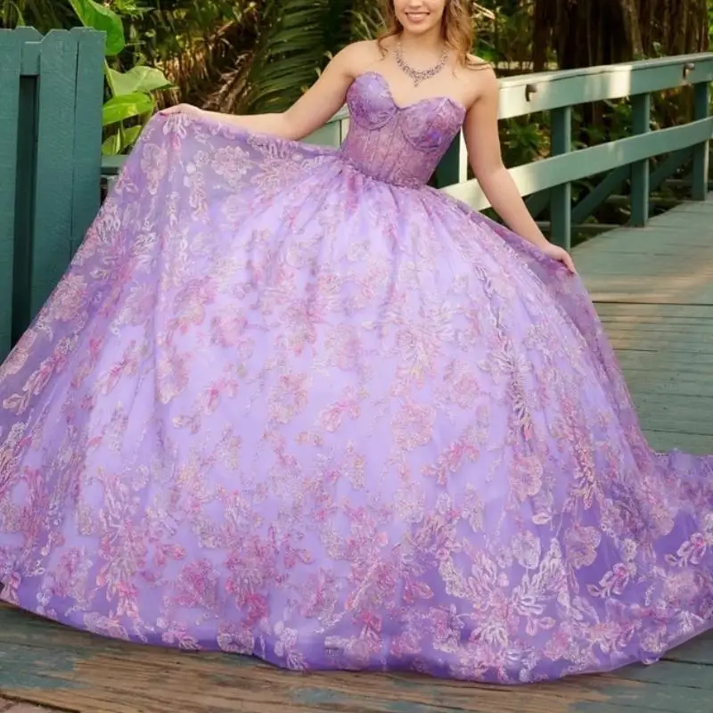 

Lilac Princess Quinceanera Dresses Ball Gown 2024 Off Shoulder Beaded Crystals Tull Sweet 16 Prom Party Lace-Up Vestidos De 15