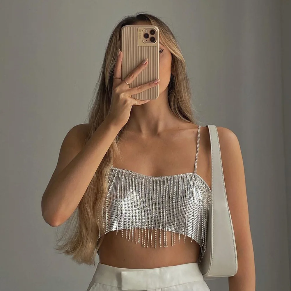Women Summer Metal Sequins Camisole Shiny Rhinestone Tassel Sexy Backless Sleeveless Sling Crop Tops Nightclub Party Tank Top