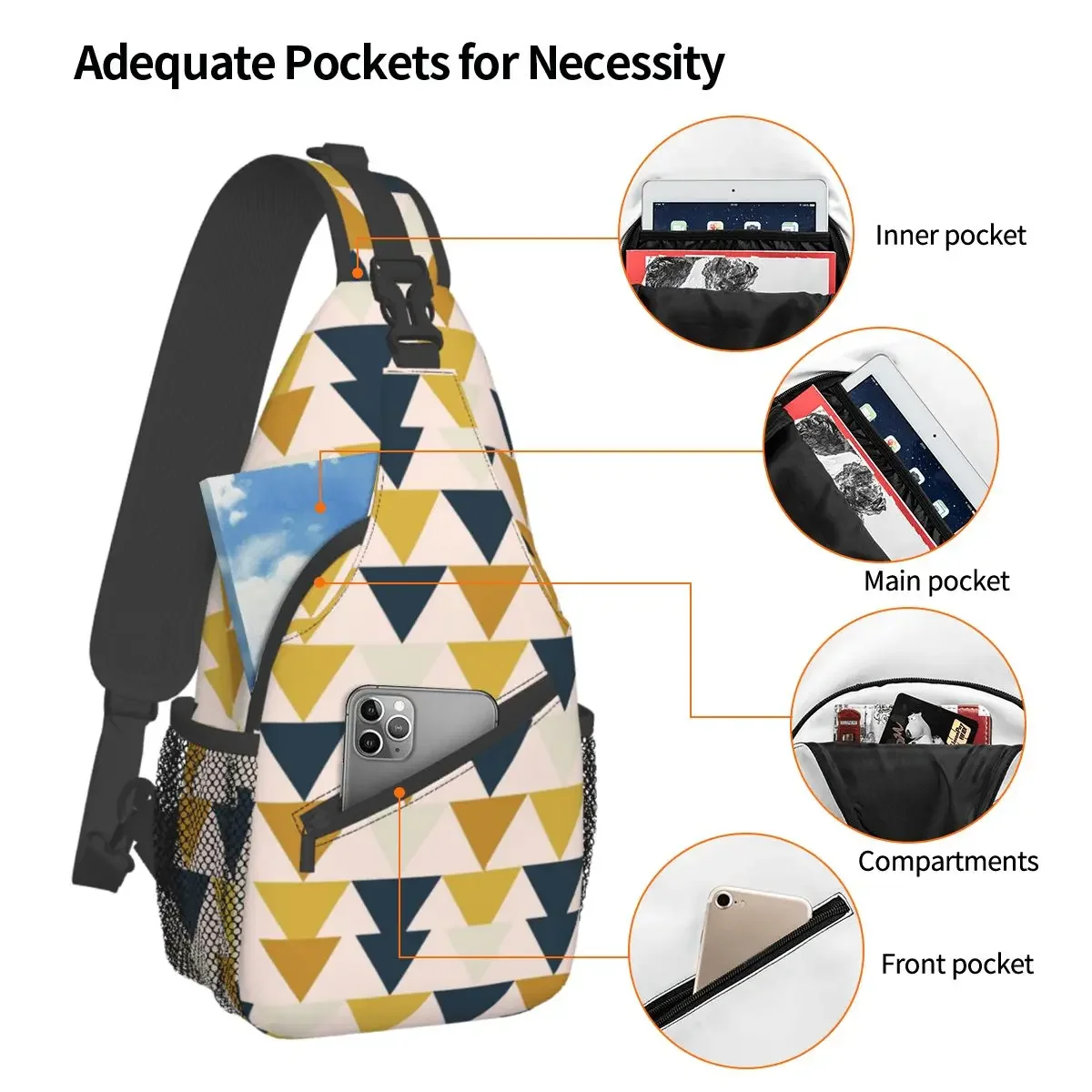 Arrow Yellows Navy Blue Sling Bag Chest Crossbody Shoulder Backpack Travel Hiking Daypacks Geometric Pattern Bag