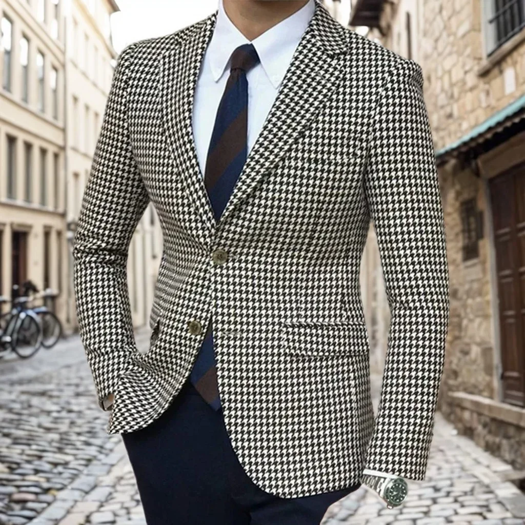 Houndstooth Suits for Men Notched Lapel 2 Pieces Set or Single Blazer Tweed Suit Tuxedo Set for Wedding Business Men\'s Suits