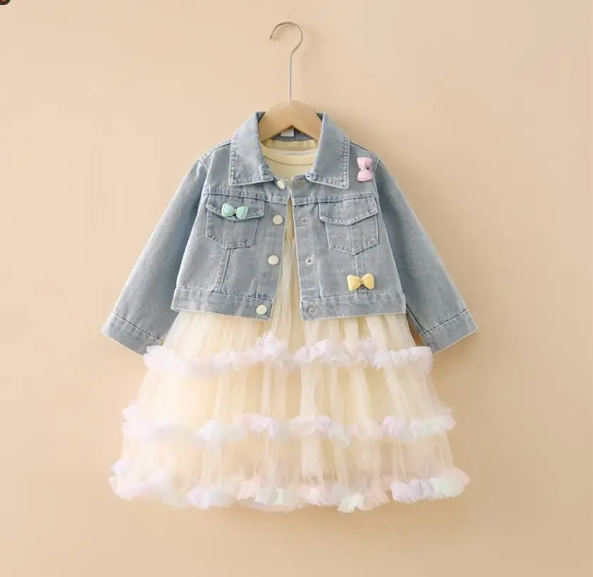 

New Baby Girls Fall Boutique Fashion Sets Jean Coat+Long Sleeve Mesh Dress Princess Elegant Suits 2-7T