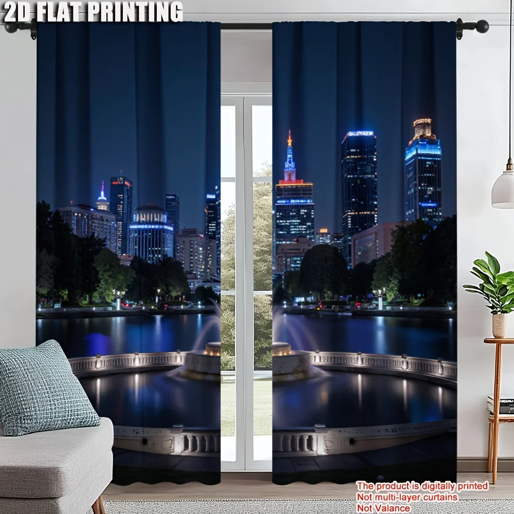 City Skyline Curtain, Night View Window Drape, Urban Landscape Blackout Panel, Living Room Bedroom Modern Home Decor