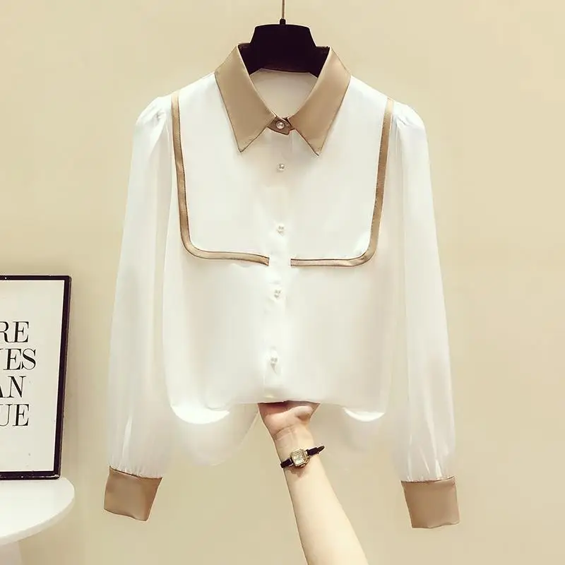 Spring New Contrast Loose Office Blouse Thin Long Sleeve Polo Neck Solid Color Elegant Shirt Tops Fashion Vintage Women Clothing