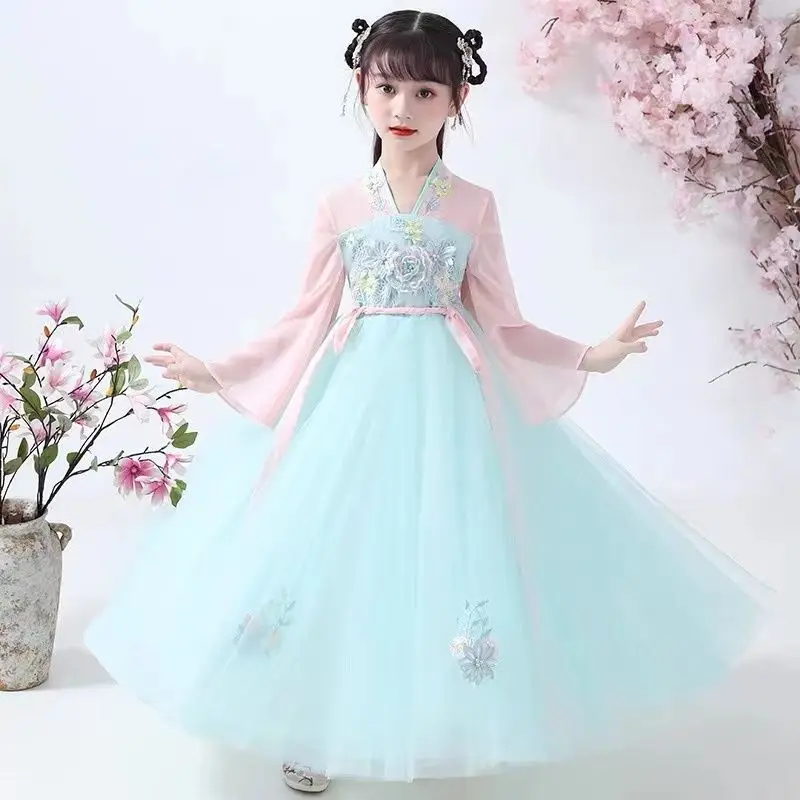 3-10-12T New Spring and Autumn Dress Hanfu Children\'s Girl Super Immortal Ancient Dress Tang Dress Summer Children\'s Performance