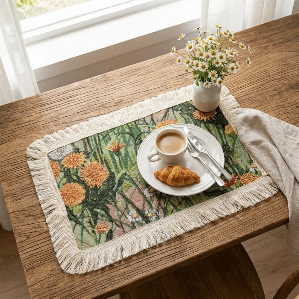 Creative American Retro Floral Tassel Placemats Thickened Decorative Woven Table Mats Heat-Resistant Tablecloth Party