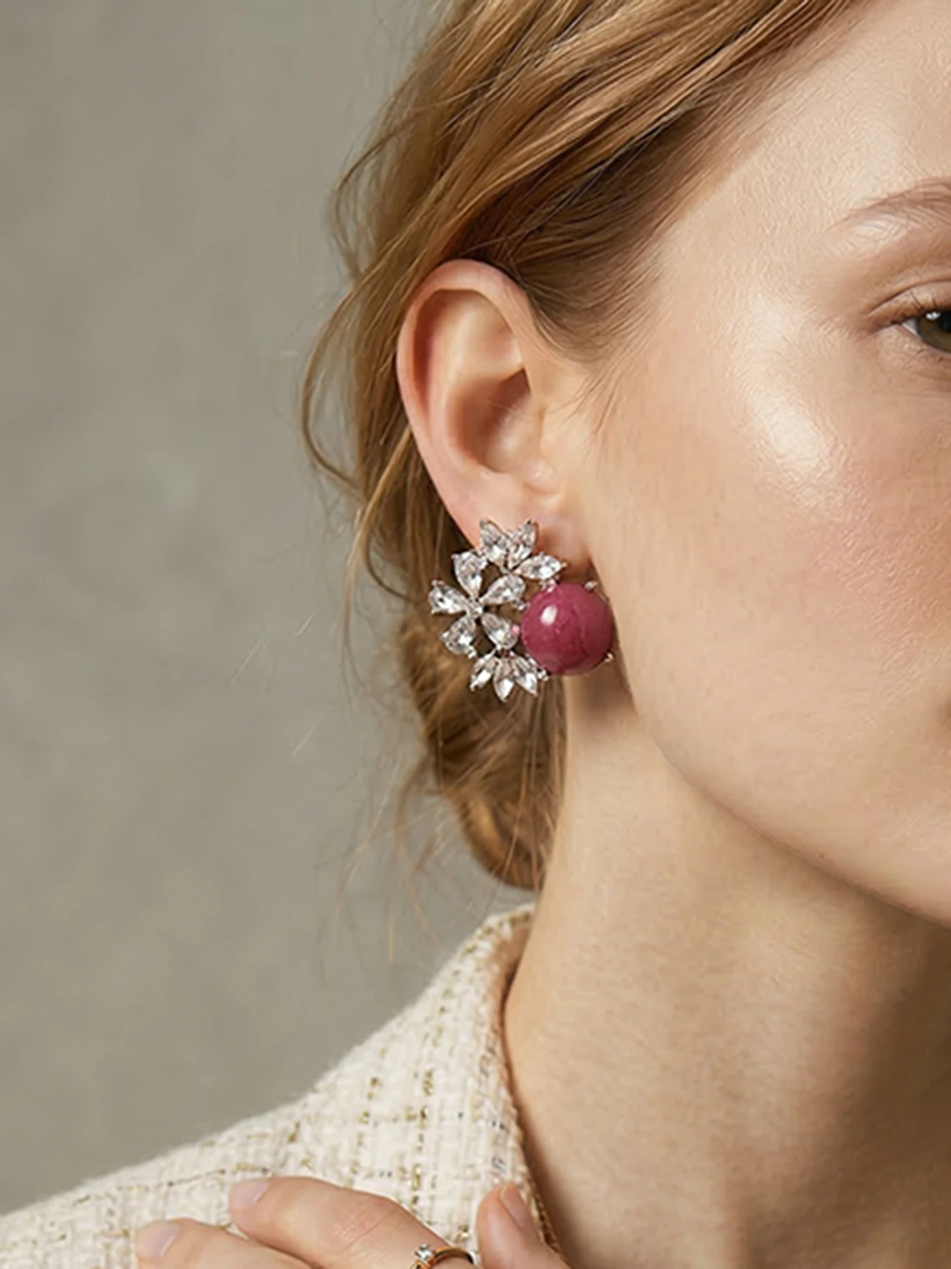 Women Romantic Flower Pink Natural Stone Stud Earrings Paved Crystal Silver Tone Pierced Party Gift Jewelry