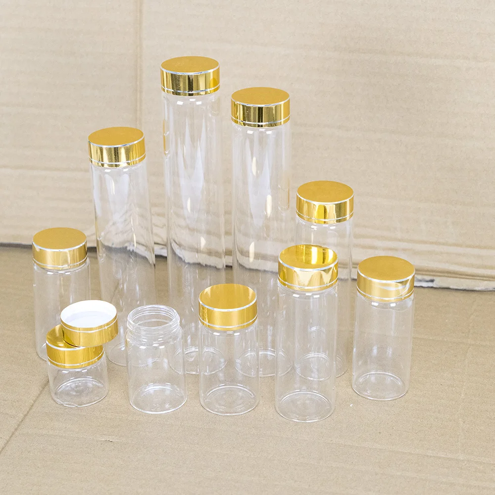 6PCS 25ml 30ml 40ml 50ml 60ml 70ml 80ml 150ml 180ml Mini Clear Glass Bottles with Gold Screw Plastic Cap Cute Jars Vials