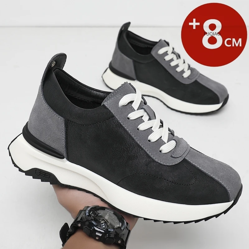 

Genuine Leather Men's Elevator Sneakers 8cm/6cm Hidden Height Increase Breathable Retro Dad Shoes Casual Platform Athletic Shoes