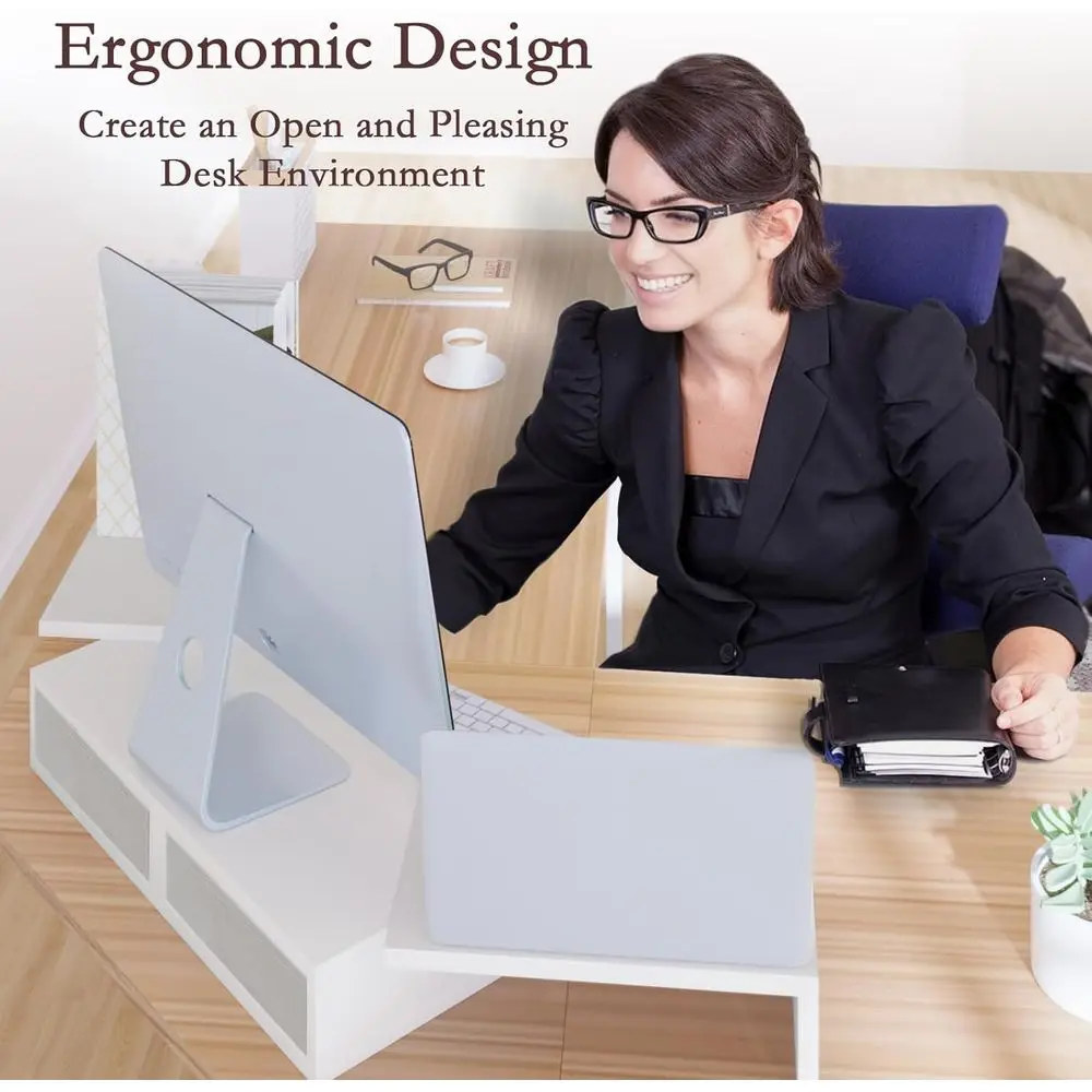Adjustable Dual Monitor Stand - White Desk Organizer with Storage for Large Computers, Monitors, or Laptops