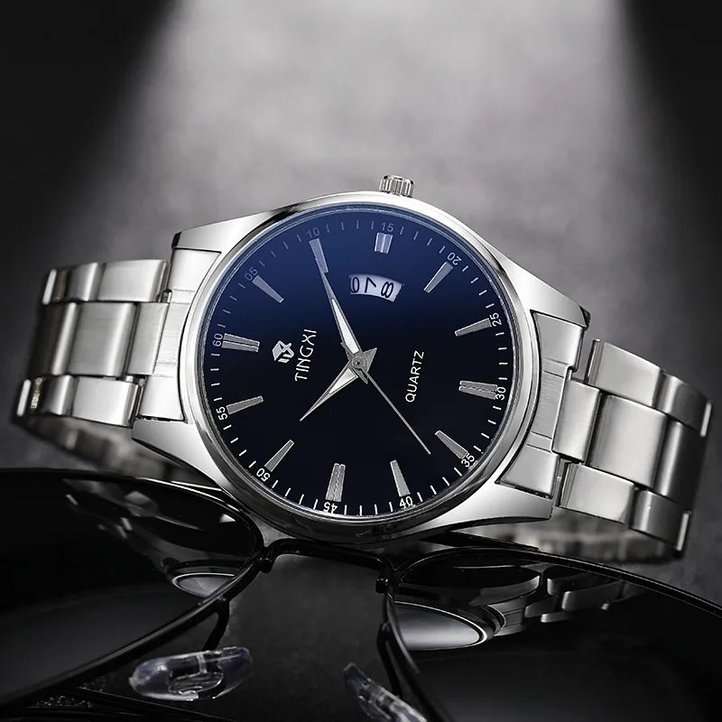 Men's Steel Band Calendar Quartz Watch Business Simple Large Dial Sports Male Watch with Precise Timekeeping Daily Work Boy Gift