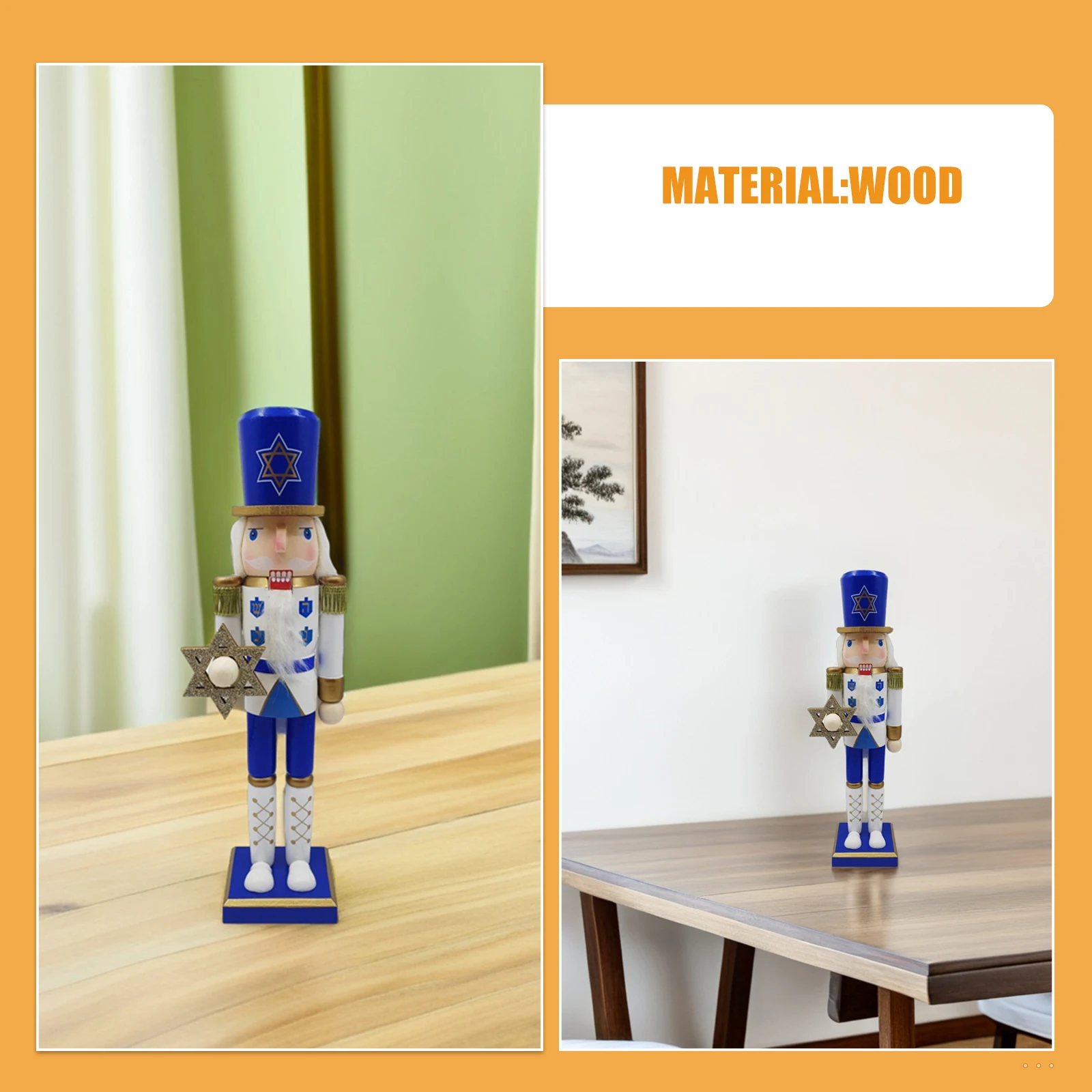 38 cm Niebiesko-Biały Dziadek do Orzechów na Chanukę, Drewniana Figurka Żołnierza, Dekoracja Świąteczna na Kominek, Ozdoba Świąteczna, Kolekcjonerski