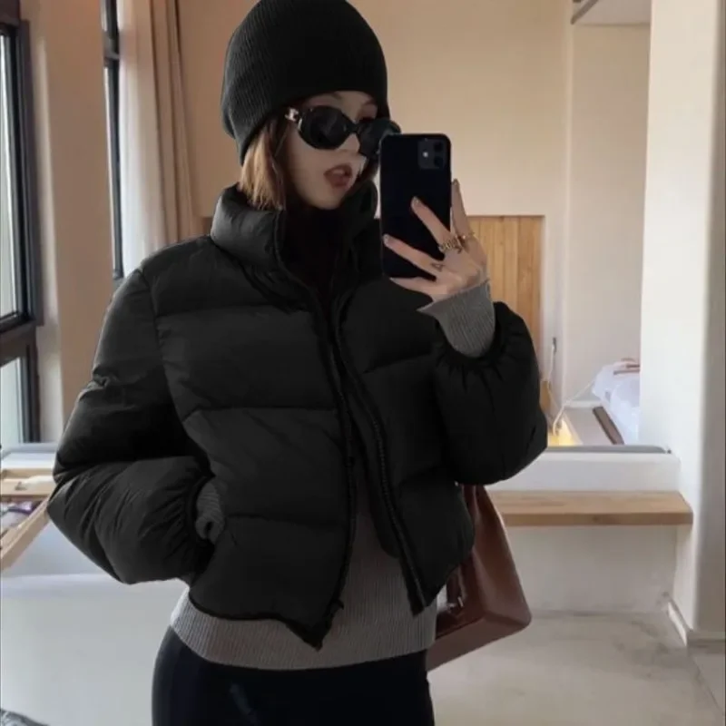 Women's Winter New Solid Stand Collar Short Cotton-padded Jacket Korean Version Loose Pockets High Waist Zippers Women Clothing