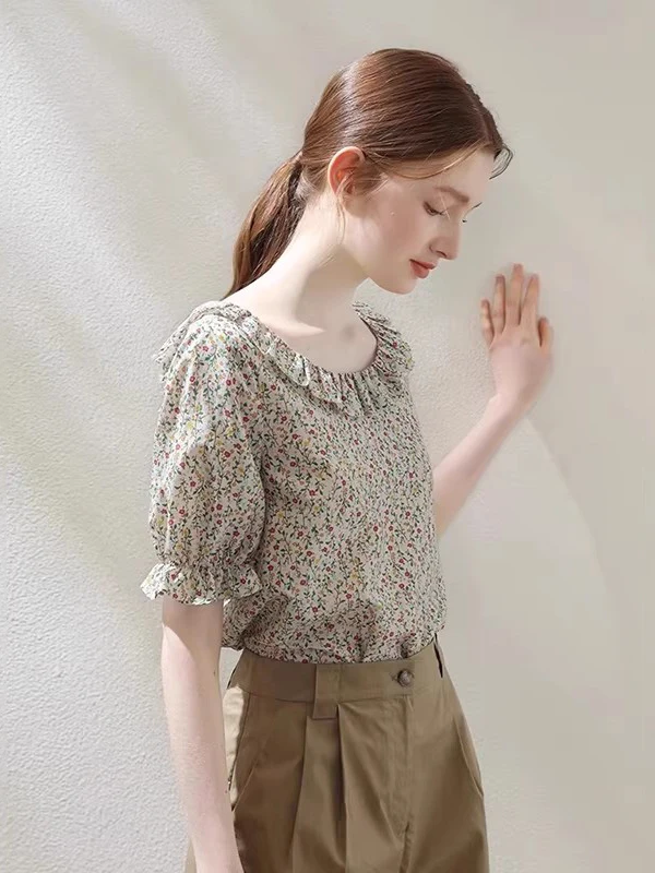 

Floral Print Chiffon Shirt Women's Spring Autumn 2026 New Summer Stylish Top Elegance Short Sleeve Blouse Korean Style Bubble...