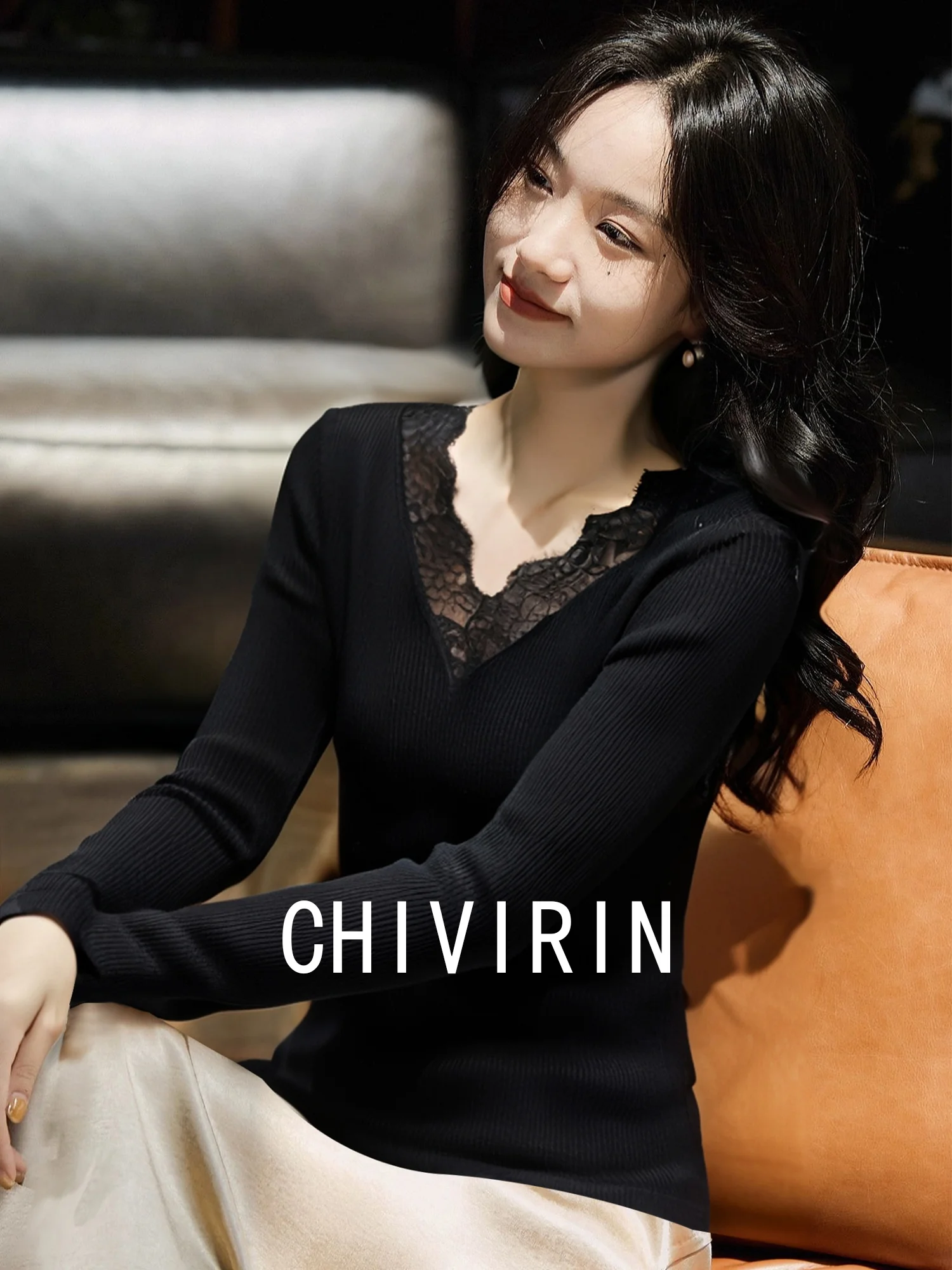 

Новый шерстяной свитер Chivirin с кружевной отделкой, трикотажный, с длинным рукавом, V-образным вырезом, для девочек, весна-осень, во французском стиле